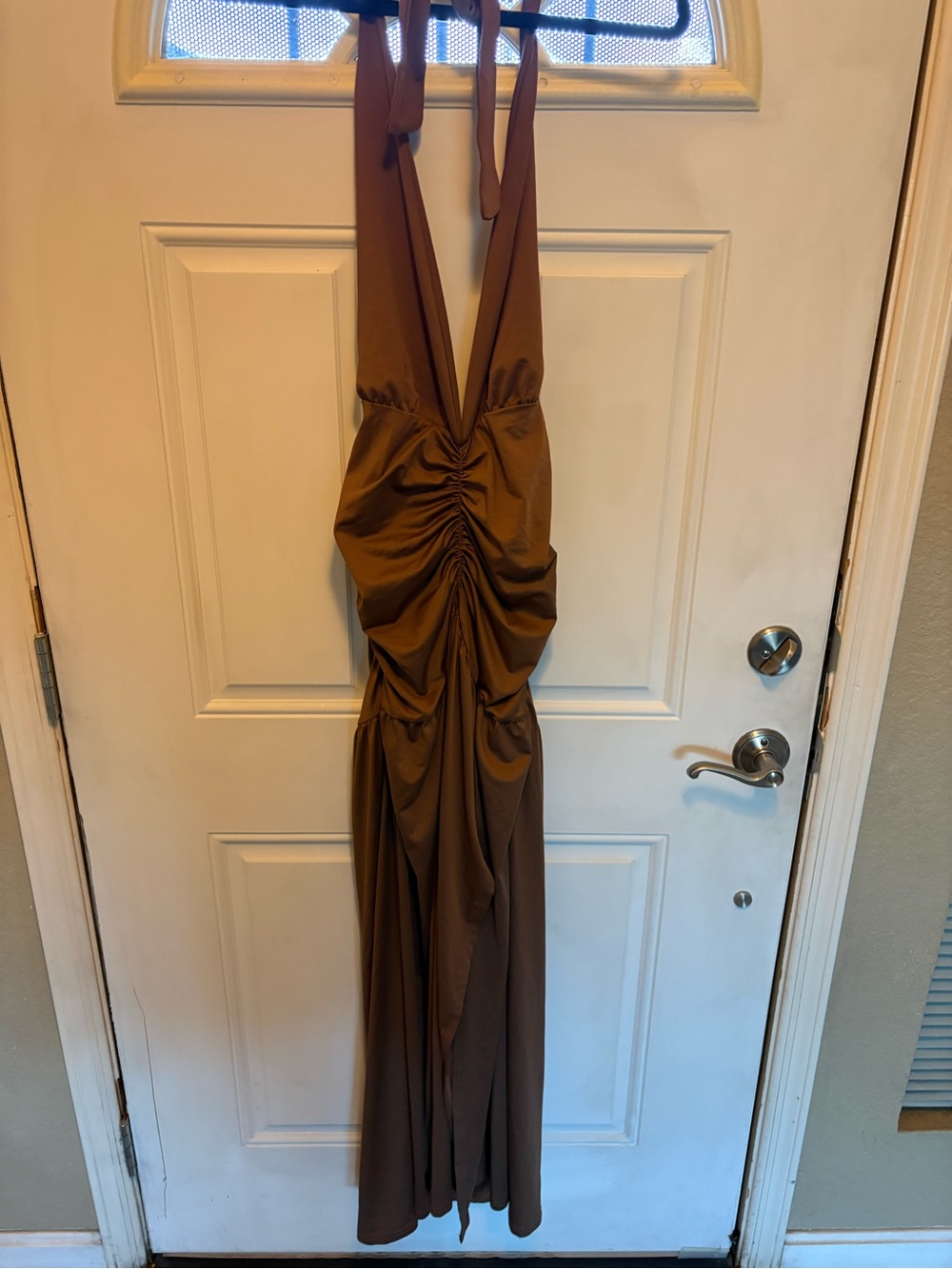 Brown Deep V-Neck Ruched Maxi Dress - Picture 4 of 5
